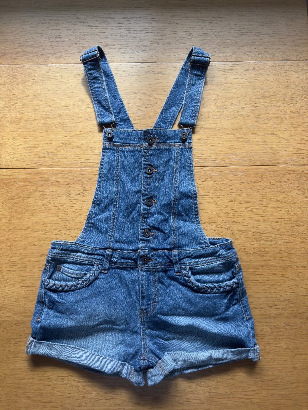AQUA Braided Detail Denim Short Overalls Medium Wash Sz S